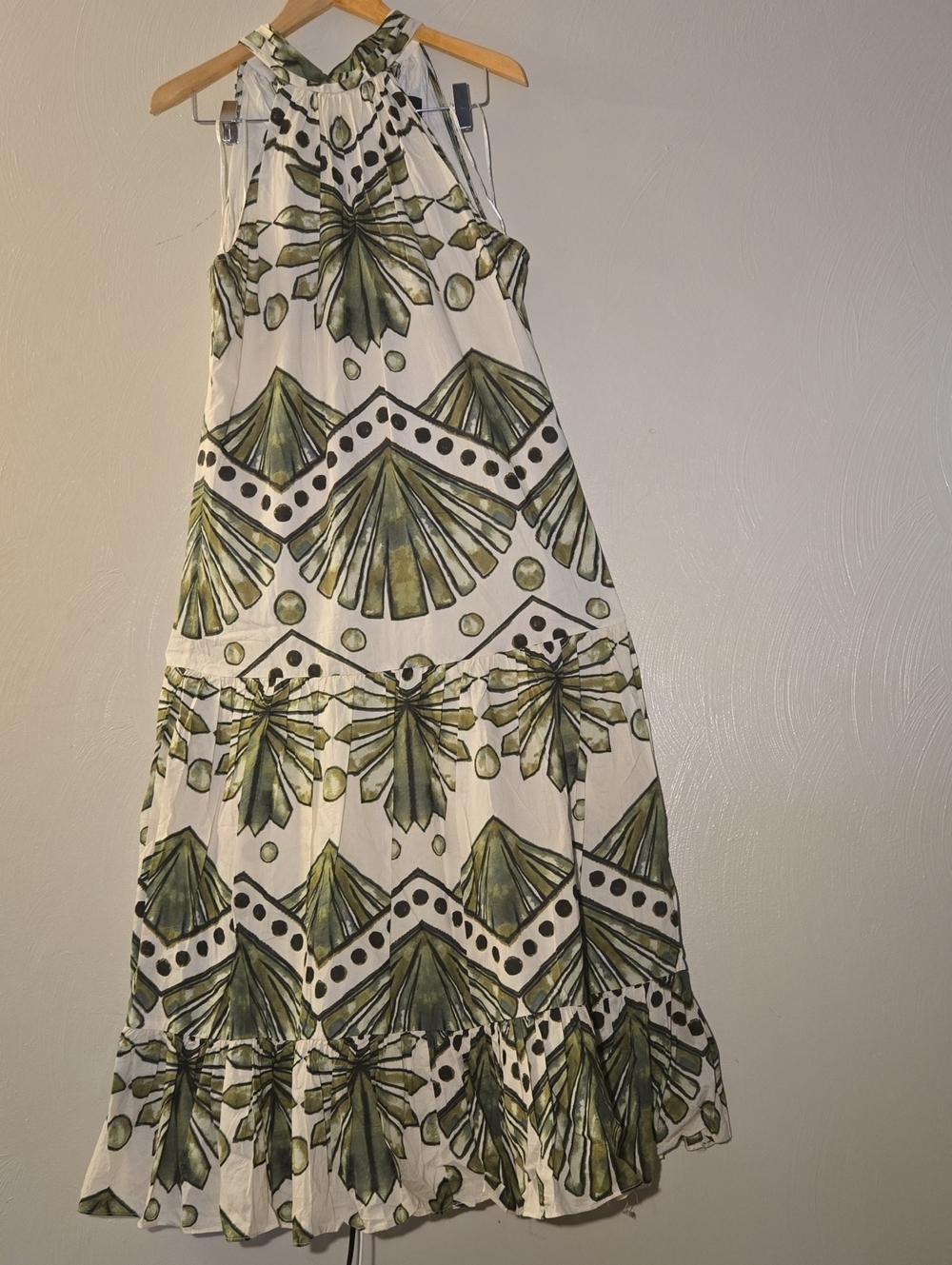 Sleeveless White Dress with Olive Green Geometric Print
